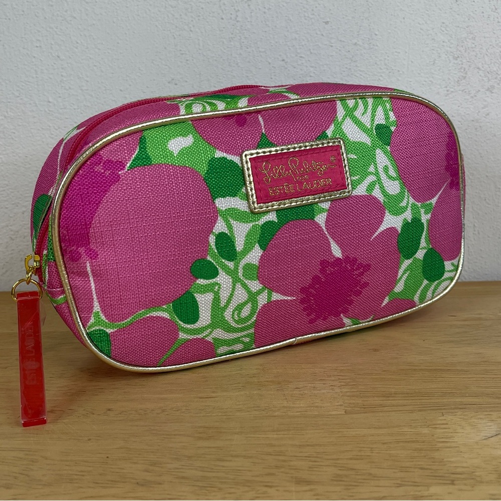 Lilly Pulitzer Estee Lauder Pink Green Floral Cosmetic Makeup Travel Bag